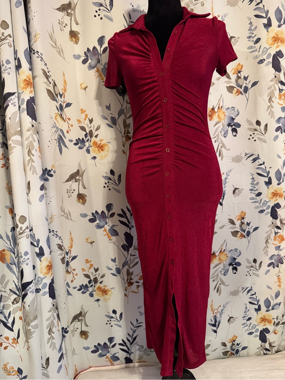 SHEIN Wine Red Ruched Button-Front Maxi Dress
